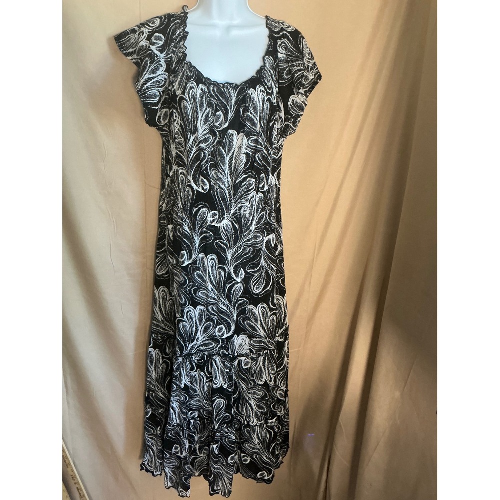 Style & Co Maxi Dress Women XL Black White Excellent Tiered Leaf Print Mesh